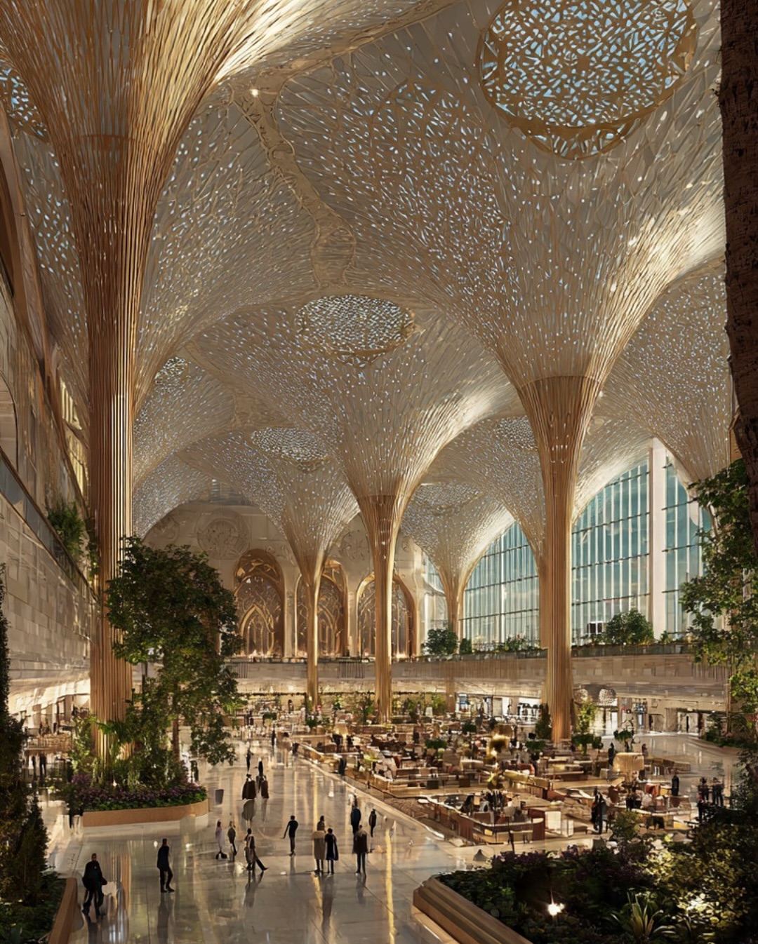 Aerial view of modern airport infrastructure and terminal design